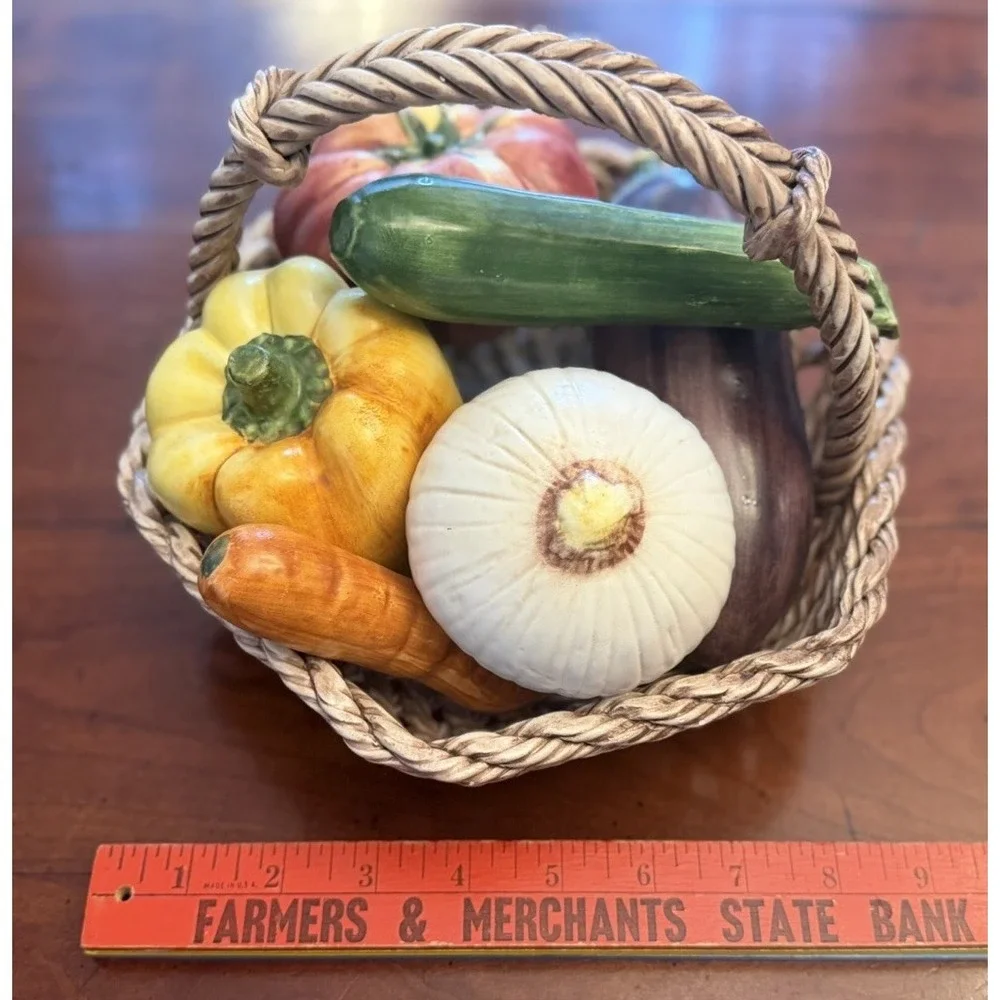 Vintage Italian Ceramic Rope Basket Vegetable Centerpiece Tomato Eggplant